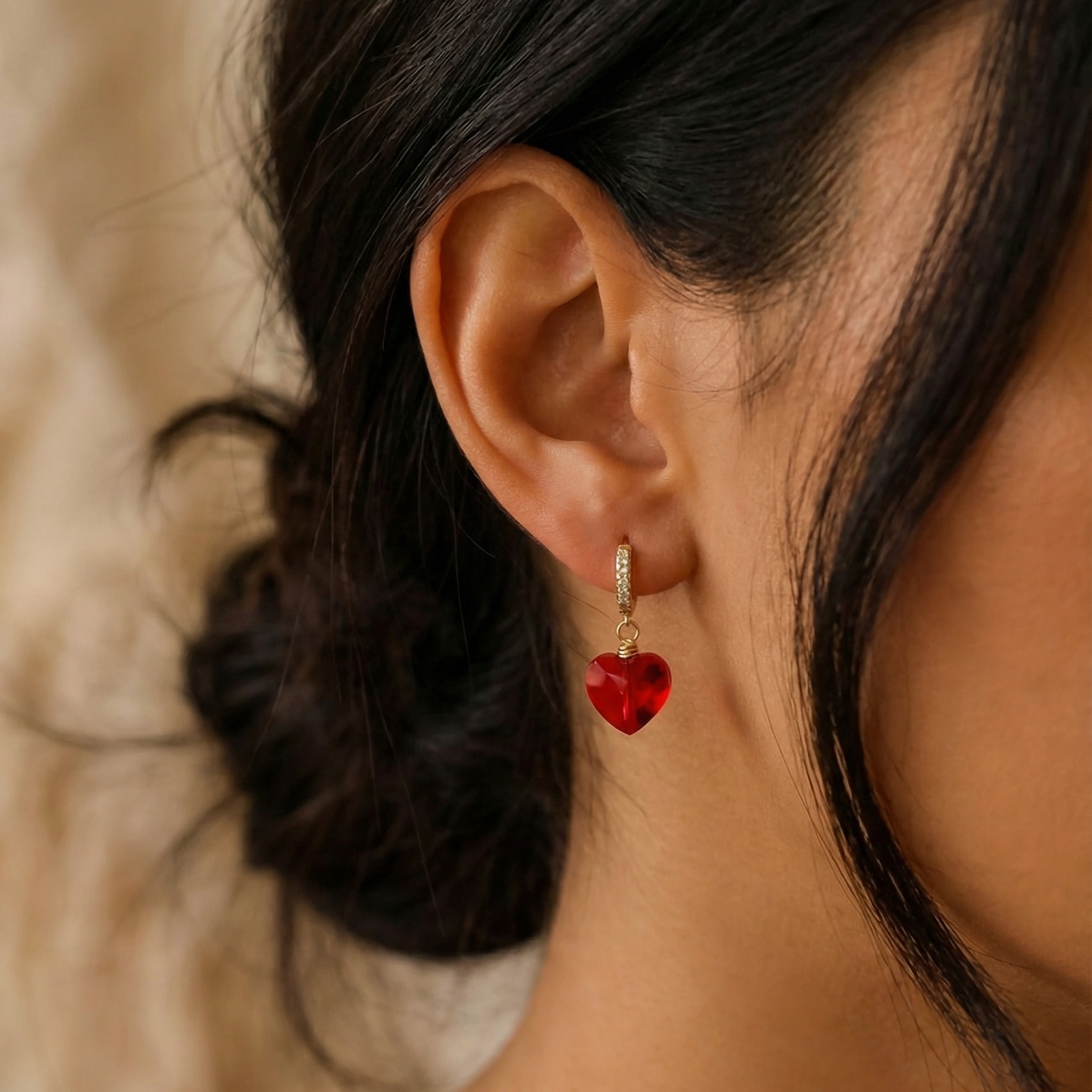 Gold Hoop Earrings With Red Crystal Heart Drop